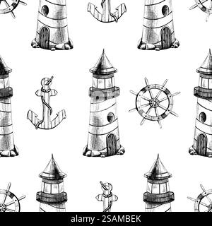 Marine theme with striped lighthouse, ship wheel and anchor. Graphic illustration line art in black and white monochrome, hand drawn with ink Stock Vector