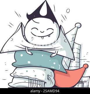Cute cartoon cat in party hat blowing candles on birthday cake. Happy ...