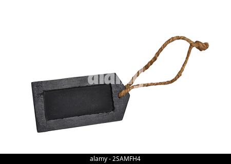 Black wooden chalkboard tag with twine string, suitable to display name or a price, isolated cutout on white Stock Photo