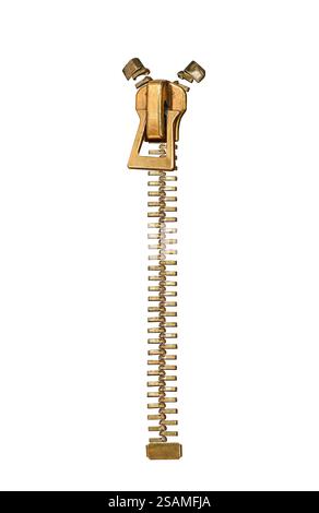 Metal bronze closed zipper isolated cutout on white Stock Photo