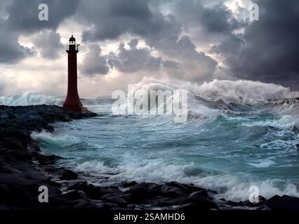 Early morning light and a Lighthouse and rough sea on the west coast of Ireland Stock Photo