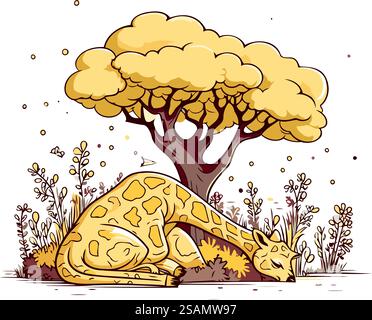 Cute leopard sleeping on a tree branch, lying wildcat illustration ...