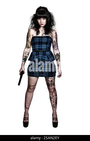 Beautiful young tattooed woman with a pistol Stock Photo