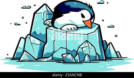 Cartoon penguin sleeping on iceberg. Vector illustration of a funny ...