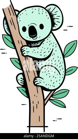 Cute koala sitting on eucalyptus tree cartoon illustration set Stock ...