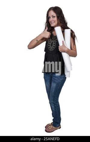Beautiful woman architect holding rolled up blueprints Stock Photo