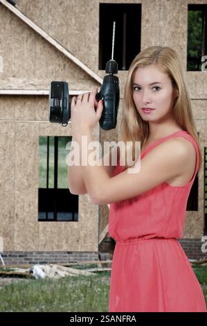 Female woman Construction Worker on a job site Stock Photo