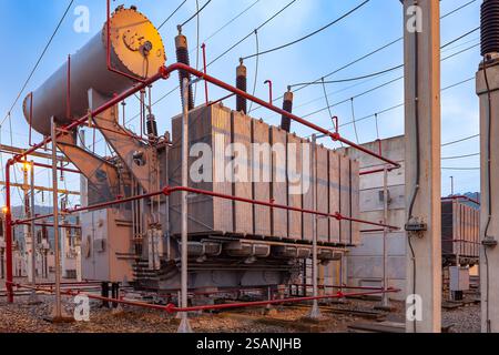 Power Transformers in High Voltage Electrical Outdoor Substation Stock Photo