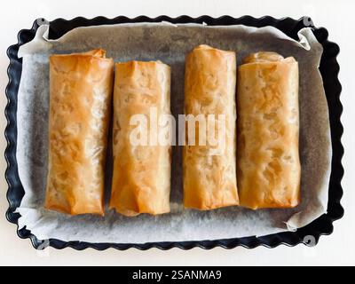 Freshly baked stuffed phyllo dough rolls in a baking pan on a white wooden table. Culinary, cooking, cooking concept. Directly above. Stock Photo