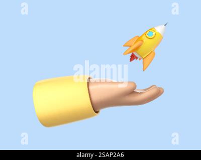 3D cartoon hand holding a rocket taking off. Human hand with rocket lift isolated on blue background. Launch business product on market. Startup business concept. Vector 3d illustration Stock Vector