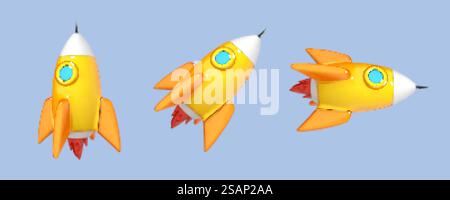3D cartoon spaceship rocket icon. Spaceship launch. Rocket 3d icon. Launch business product on market. Startup business concept. Vector illustration Stock Vector