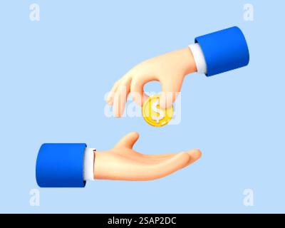 3D cartoon hand giving coin to palm on blue background. Money payment concept. Vector 3d illustration Stock Vector