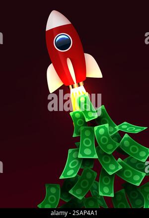 Rocket launching with smoke and dollar flying coins. Business start up ...