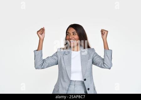 Happy African American business woman celebrating success isolated on white. Stock Photo