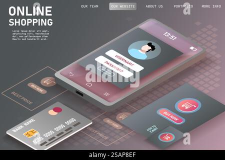 Isometric Smart phone online shopping concept. Stock Vector