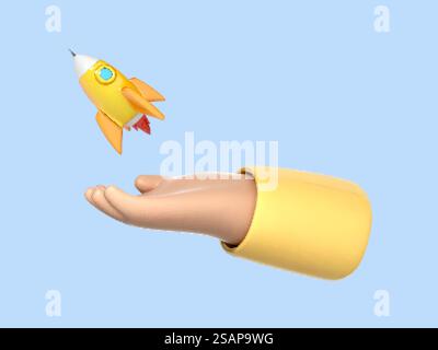 3D cartoon hand holding a rocket taking off. Human hand with rocket lift isolated on blue background. Launch business product on market. Startup business concept. Vector 3d illustration Stock Vector