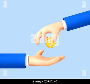 3D cartoon hand giving coin to palm on blue background. Money payment concept. Vector 3d illustration Stock Vector