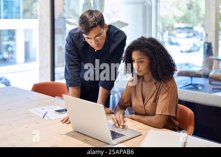Busy company manager consulting employee learning corporate software in office. Stock Photo