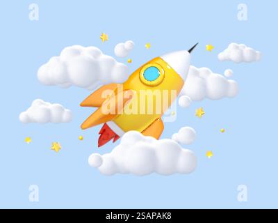 3D cartoon style yellow rocket ship. Flying shuttle with clouds and stars on a blue background. Space travel. Launch new project start up concept. Vector 3d illustration Stock Vector