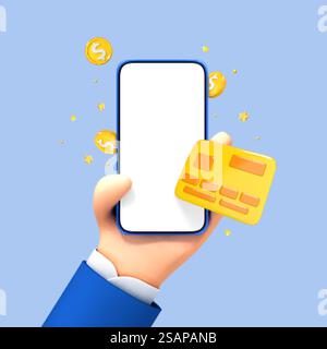 3D cartoon hand holding phone with credit card and coins. Online payment concept. Transfer and saving money concept. Contactless payments. Vector 3d illustration Stock Vector