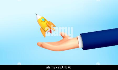 Cartoon 3d hand holding rocket icon that takes off, launch on blue background. Launch business product on market. Startup business concept. Vector illustration Stock Vector