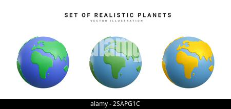 Set of 3d realistic render planet isolated on white background. Vector illustration. Stock Vector