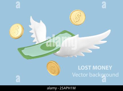 3D dollar bill with white wings and gold coins on blue background ...
