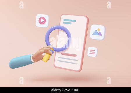 3D vector hand holding mobile phone with social icon on background, Searching image and video files in database concept, document management. showcase 3d minimal magnifying with device smartphone Stock Vector