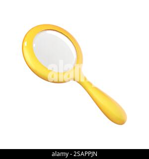 Yellow magnifying glass icon in cartoon 3d style isolated on white background. Vector illustration plastic volumetric magnifying glass. Stock Vector