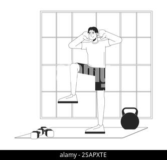 Korean man in activewear performing knee lift exercise black and white 2D line character Stock Vector
