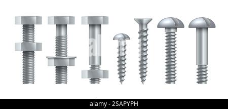 Realistic steel self-tapping. Metal bolts with tightened nuts. Stainless threaded nails with polygonal and round heads. Silver colored hardware assortment. Vector isolated set of building equipment. Realistic steel self-tapping. Metal bolts with tightened nuts. Stainless threaded nails with polygonal and round heads. Silver hardware assortment. Vector set of building equipment Stock Vector