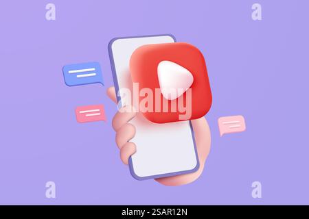 3d social media with live streaming on mobile phone in holding hand. Social media online playing video for make money passive income concept. 3d mobile entertainment vector render illustration Stock Vector