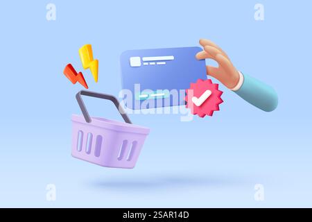 3d shopping bag for online shopping and credit card secure concept. Basket icon with shadow on background. Credit card promo for shopping, sale, discount, promotion. 3d vector icon render illustration Stock Vector