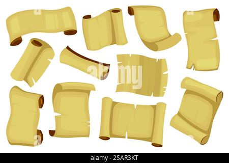 Cartoon scrolls collection. Old antique parchment roll, medieval torn ...