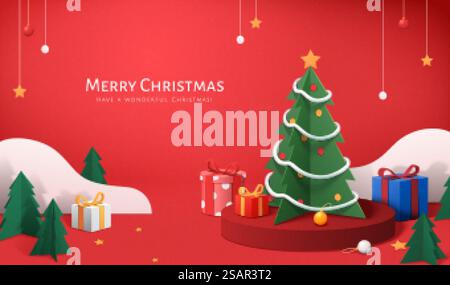 Red Xmas banner in paper cut style. Illustration of Christmas tree, gifts and small pine trees around round podium on red background. Red Xmas banner in paper cut style Stock Vector