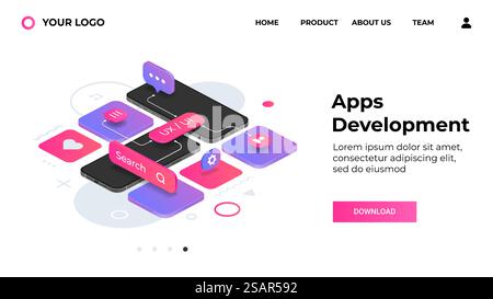 Apps development landing page. Website UX interface design. Application update. Web UI mockup with download button and place for logo. Vector realistic smartphones on abstract memphis background. Apps development landing page. Website UX interface. Application update. Web UI with download button and place for logo. Vector realistic smartphones on abstract memphis background Stock Vector