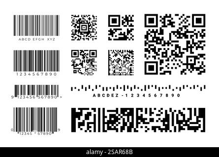 Barcodes. QR-code identification labels. Realistic retail inventory codes with graphic signs and numbers. Merchandise stickers mockup. Isolated price tag elements. Vector black and white badges set. Barcodes. QR-code identification labels. Realistic inventory codes with graphic signs and numbers. Merchandise stickers. Isolated price tag elements. Vector black and white badges set Stock Vector