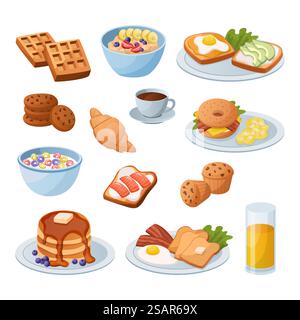 Cartoon breakfast. Morning drink and food. Cup of coffee or glass full of juice. Doodle sandwich. Bacon and eggs or healthy oatmeal with fruit pieces. Bread and desserts. Vector hand drawn snacks set. Cartoon breakfast. Morning drink and food. Cup of coffee or glass full of juice. Doodle sandwich. Bacon and eggs or oatmeal with fruits. Bread and desserts. Vector hand drawn snacks set Stock Vector