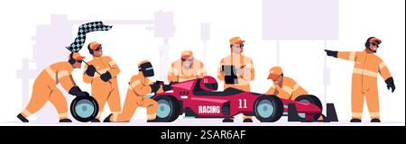 Racing crew. Cartoon pit stop team in yellow uniform working on race car. Auto mechanic workers changing wheels of bolide. Maintenance technicians and engineers. Automobile repair. Vector illustration. Racing crew. Cartoon pit stop team in uniform working on race car. Mechanic workers changing wheels of bolide. Maintenance technicians and engineers. Automobile repair. Vector illustration Stock Vector
