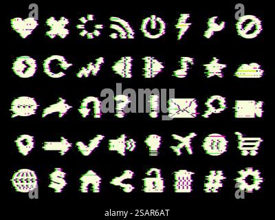 Glitched icons. Web media symbols in grunge style glitched ui pictures fo mobile app design project recent vector template isolated. Illustration of symbol glitch media internet design. Glitched icons. Web media symbols in grunge style glitched ui pictures fo mobile app design project recent vector template isolated Stock Vector