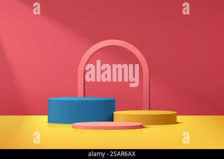 Abstract 3D blue, Yellow and pink cylinder pedestal podium set with arch shape element. Trendy color minimal wall scene for cosmetic product display presentation. Vector geometric rendering platform. Stock Vector