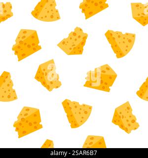 Cheese pattern. Seamless texture of organic sour milk food. Cartoon dairy products yellow triangular pieces with holes. Natural Maasdam slices. Gourmet snack. Vector decorative textile print template. Cheese pattern. Seamless texture of organic sour milk food. Cartoon dairy products yellow pieces with holes. Natural Maasdam slices. Gourmet snack. Vector decorative print template Stock Vector