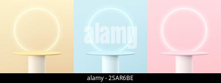 Set of abstract realistic 3d white shelf or stand podium on yellow, blue and pink wall scene with glow neon ring background. Vector rendering geometric shape for cosmetic product display presentation. Stock Vector