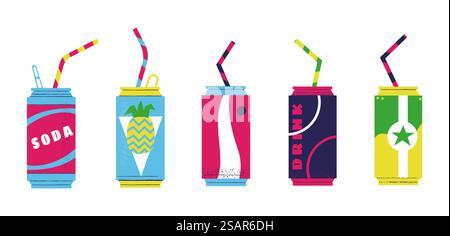 Soda cans. Cartoon fizzy sweet summer drinks in metal bottles with plastic straws. Fruit juice carbonated water set. Isolated glasses for soft beverages. Vector refreshing ice tea and tasty cocktails. Soda cans. Cartoon fizzy sweet summer drinks in metal bottles with plastic straws. Fruit juice carbonated water set. Glasses for soft beverages. Vector refreshing ice tea and cocktails Stock Vector