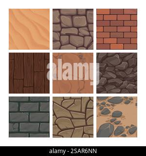 Game background texture. Cartoon ground earth, rock and sand geological structures. Stone or brick masonry templates. Wall gaming UI collection. Wooden floor surface mockup. Vector soil layers set. Game background texture. Cartoon ground earth, rock and sand geological structures. Stone or brick masonry templates. Wall UI collection. Wooden floor surface. Vector soil layers set Stock Vector