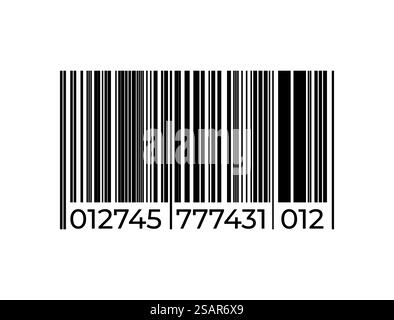 Black barcode icon. Graphic bar code sign. Product labeling, sign for scanning in supermarket. Series of vertical straight lines and numbers. Isolated shop tag, vector identification label template. Black barcode icon. Bar code sign. Product labeling, sign for scanning in supermarket. Series of vertical straight lines and numbers. Shop tag, vector identification label template Stock Vector