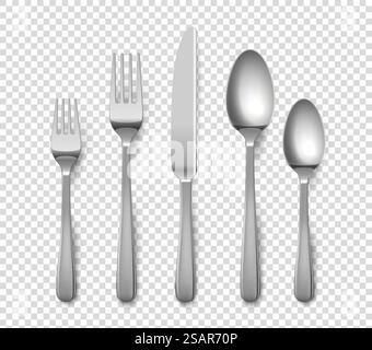 Realistic cutlery. 3D metallic forks and knives or spoons. Isolated metal glossy objects for table setting on transparent background. Top view of silverware set. Vector flatware from stainless steel. Realistic cutlery. 3D forks and knives or spoons. Isolated metal objects for table setting on transparent background. Top view of silverware set. Vector flatware from stainless steel Stock Vector