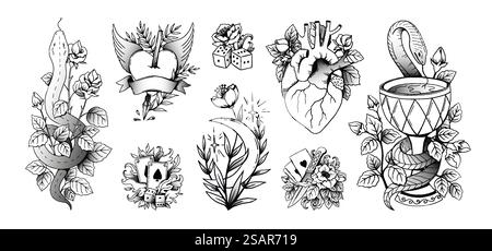 Tattoo art. Old school retro body prints design with cartoon knife and roses. Isolated anchor or cross tattooing. Playing cards and gambling dice. Vector classic black traditional ink drawings set. Tattoo art. Old school retro body prints design with knife and roses. Isolated anchor or cross tattooing. Playing cards and gambling dice. Vector black traditional ink drawings set Stock Vector