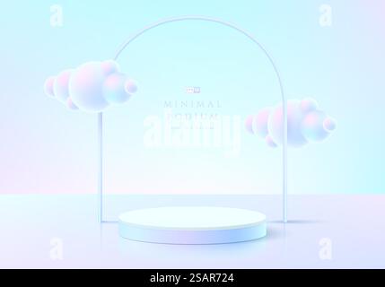 Abstract 3D room with realistic pink and blue hologram color cylinder podium. Pastel cloud flying. Minimal wall scene for mockup product display. Vector geometric forms. Round stage for showcase. Stock Vector