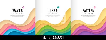 Set of colorful curve wave stripes pattern on white background with copy space. Lines layers texture in pastel trendy color. Simple and minimal flat banner design. Papercut style. Vector EPS10. Stock Vector